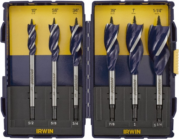 Drill Bit Set: Spade Drill Bits, 6 Pc, 0.5" to 1.25" Drill Bit Size, High Speed Steel - Bright/Uncoated