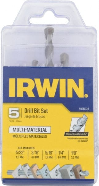 Irwin 4935078 Drill Bit Set: Hammer Drill Bits, 5 Pc, 0.125" to 0.3125" Drill Bit Size, Bi-Metal 