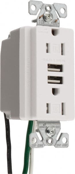 Cooper Wiring Devices TR7755W-BOX 2 USB Port, 2 Receptacle, 125 VAC, 5 VDC USB Receptacle 