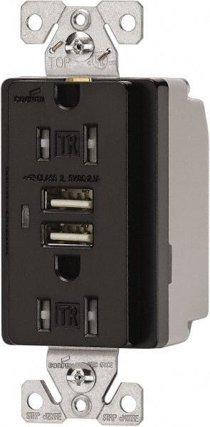 Cooper Wiring Devices TR7745BK-BOX 2 USB Port, 2 Receptacle, 125 VAC, 5 VDC USB Receptacle 