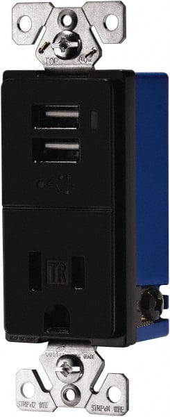 Cooper Wiring Devices TR7740BK-BOX 2 USB Port, 1 Receptacle, 125 VAC, 5 VDC USB Receptacle 