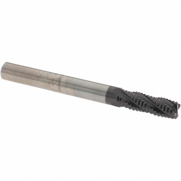 Roughing End Mill: 1/4" Dia, 4 Flute, Single End, Solid Carbide - 3/4" LOC, 2-1/2" OAL, 1/4" Shank Dia, TiAlN Finish, Series HP400, 30 deg Helix