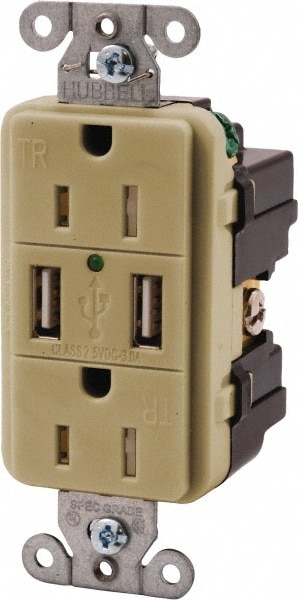 Hubbell Wiring Device-Kellems USB15X2I 2 USB Port, 2 Receptacle, 125 VAC, 5 VDC USB Receptacle Image