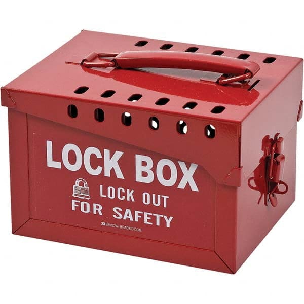 Brady 51171 Group Lockout Boxes; Portable or Wall Mount: Portable ; Maximum Number of Padlocks: 13 ; Color: Red ; Overall Height (Inch): 6 