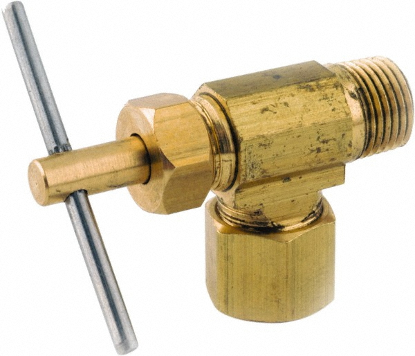 Needle Valve: Angled, 1/4 x 1/8" Pipe, Lead-Free Brass Body, Brass Seal - 150 Max psi
