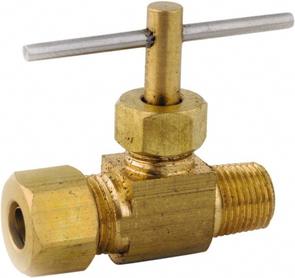 Needle Valve: Straight, 3/8 x 1/4" Pipe, Lead-Free Brass Body, Brass Seal