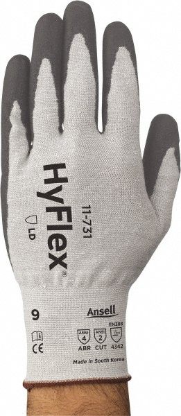 Cut, Puncture & Abrasion-Resistant Gloves: HyFlex® 11-731, Cut A2, Puncture 3, Abrasion 3, 18 ga, Size X-Large, 10" Long - Fiberglass, HPPE, Nylon & Spandex, Polyurethane-Coated, Palm Coating, Smooth Grip, Gray on Gray Pair