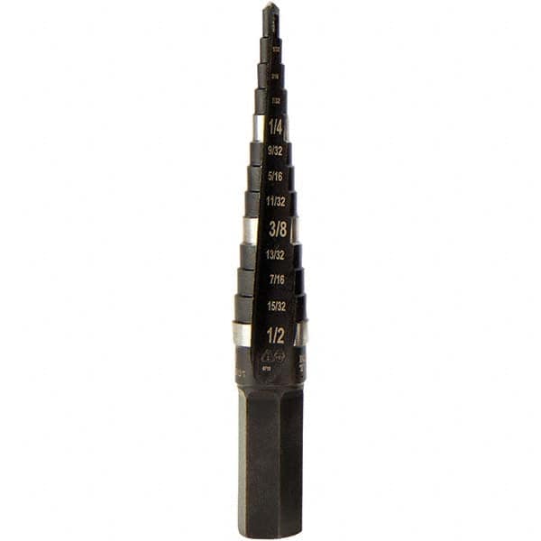 Klein Tools KTSB01 Step Drill Bits: 1/8" to 1/2" Hole Dia, 3/8" Shank Dia, High Speed Steel, 13 Hole Sizes 