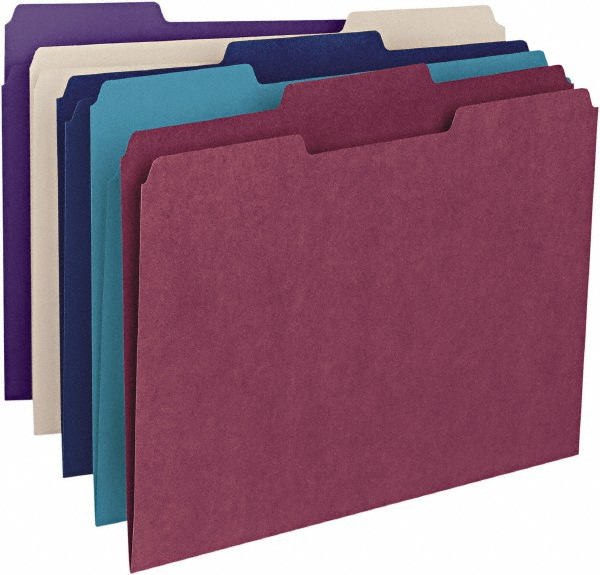 File Folders with Top Tab: Letter, Assorted, 100/Pack - 11 Point Stock, 1/3 Tab Cut Location
