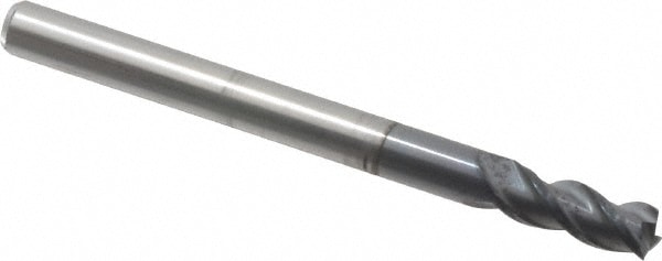 Square End Mill: 1/8'' Dia, 1/4'' LOC, 1/8'' Shank Dia, 1-1/2'' OAL, 3 Flutes, Solid Carbide