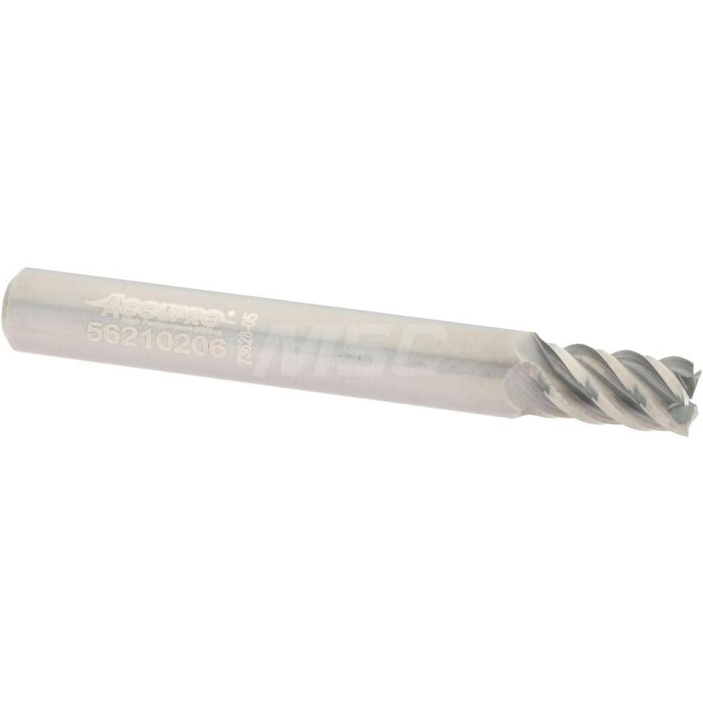 Accupro 545S2188 Square End Mill: 7/32 Dia, 3/8 LOC, 1/4 Shank Dia, 2 OAL, 5 Flutes, Solid Carbide 