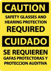 Sign: Rectangle, "Caution - Safety Glasses and Hearing Protection Required"