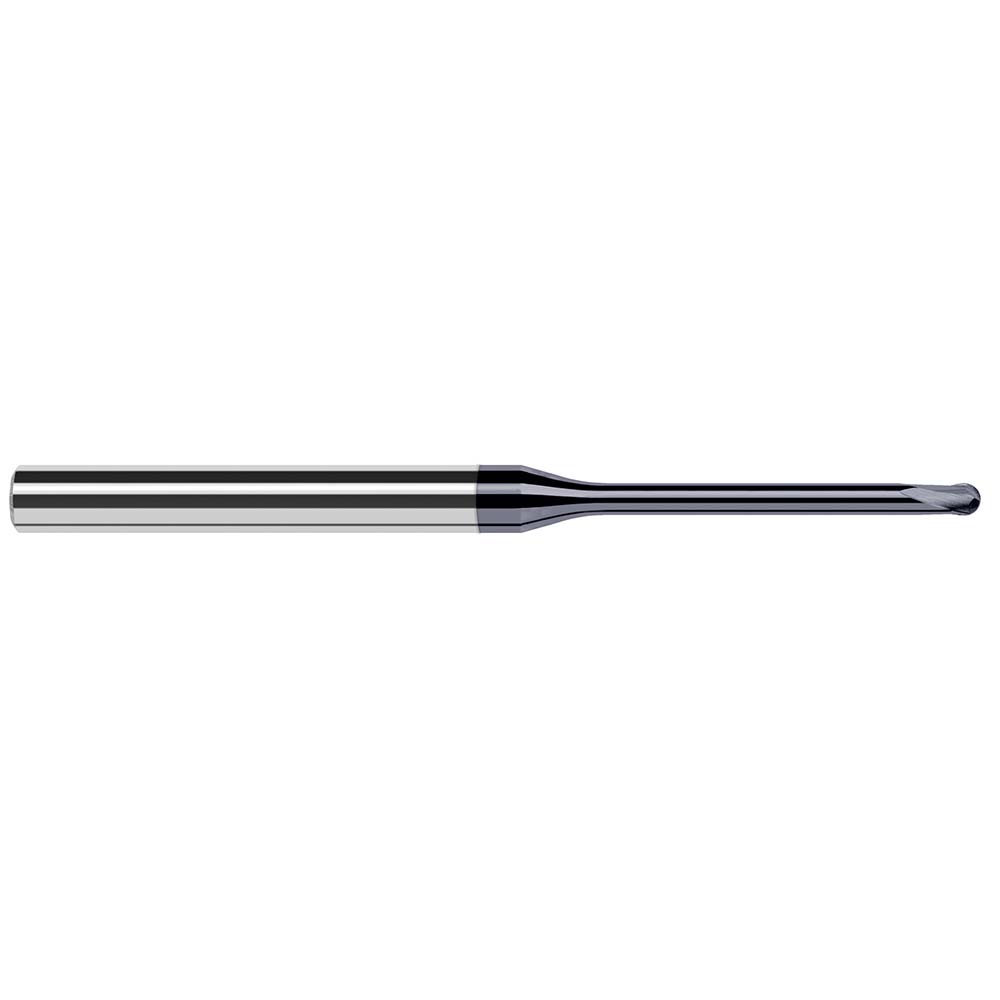 Harvey Tool Ball End Mill: 1/16" Dia, 0.0500" LOC, 2 Flute, Solid Carbide - 4" OAL, 1/4" Shank Dia, 20 deg Helix, AlTiN Nano Finish, Single End, End