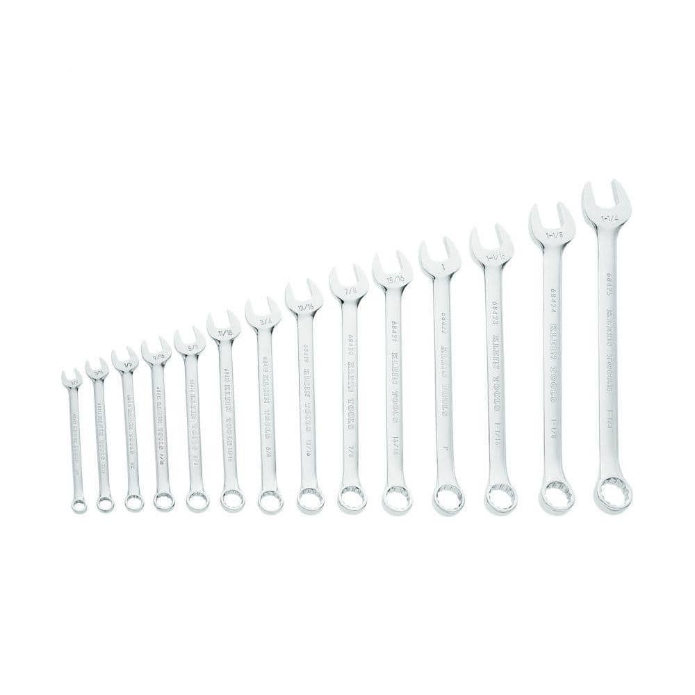 Klein Tools 68406 Combination Wrench Set: 14 Pc, 1" 1/2" 11/16" 1-1/16" 1-1/4" 1-1/8" 13/16" 15/16" 3/4" 3/8" 5/8" 7/16" 7/8" & 9/16" Wrench, Inch 