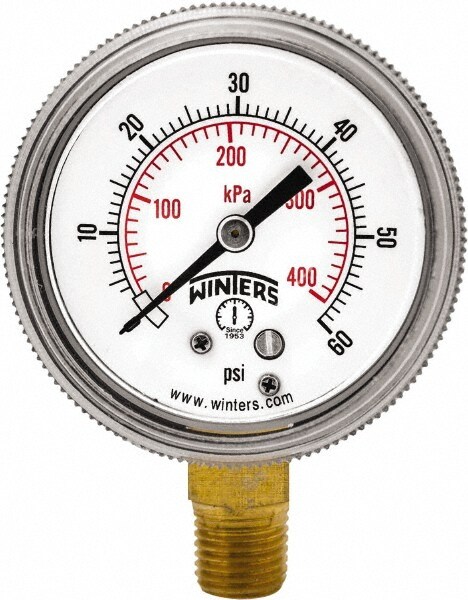 Pressure Gauge: 2" Dial, 0 to 60 psi, 1/4" Thread, NPT, Bottom Mount