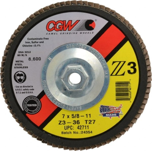 CGW Abrasives 42711 Flap Disc: 5/8-11 Hole, 36 Grit, Zirconia Alumina, Type 27 