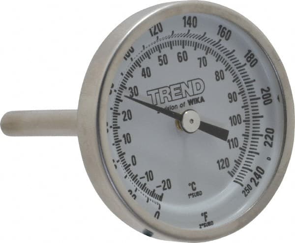 Wika 20025A006G2 Bimetal Dial Thermometer: 0 to 250 ° F, 2-1/2" Stem Length 