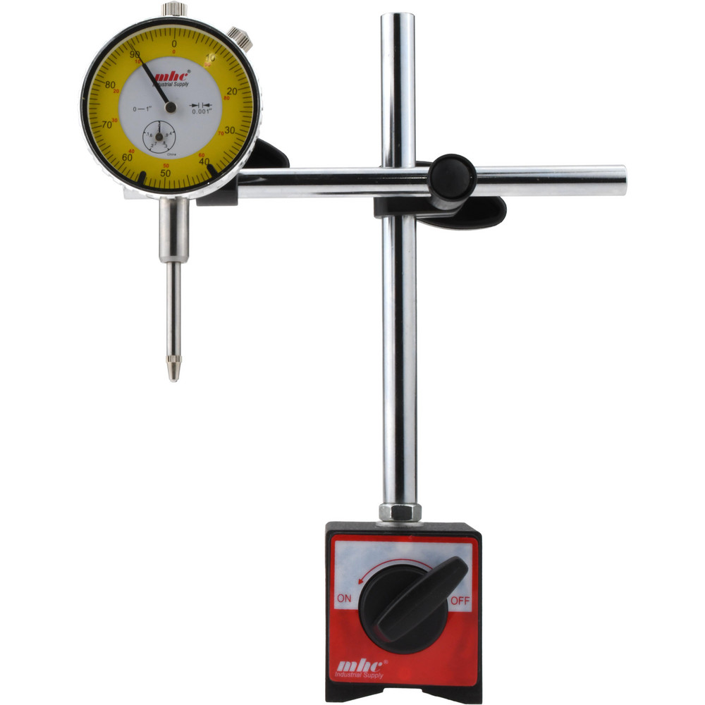 Dial Indicator & Base Kit: 55.0000 mm Base Length, 63.000 mm Base Height, 1-92/95" Base Width, 0-100 Dial - White & Yellow Dial Color