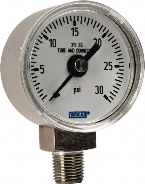 Wika 9117946 Pressure Gauge: 1-1/2" Dial, 0 to 30 psi, 1/8" Thread, NPT, Lower Mount 