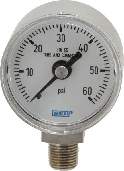 Wika 9117938 Pressure Gauge: 1-1/2" Dial, 0 to 60 psi, 1/8" Thread, NPT, Lower Mount 