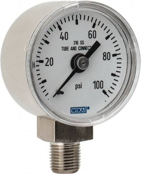 Wika 9117920 Pressure Gauge: 1-1/2" Dial, 0 to 100 psi, 1/8" Thread, NPT, Lower Mount 