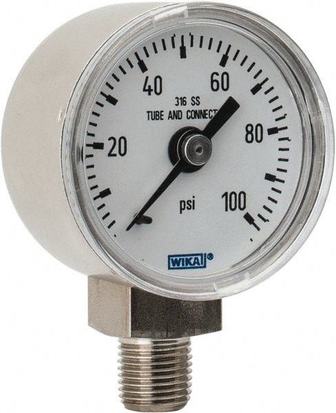 Wika 9117920 Pressure Gauge: 1-1/2" Dial, 0 to 100 psi, 1/8" Thread, NPT, Lower Mount Image