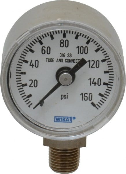 Wika 9117911 Pressure Gauge: 1-1/2" Dial, 0 to 160 psi, 1/8" Thread, NPT, Lower Mount 