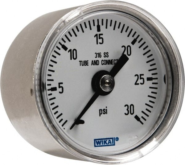 Wika 9118128 Pressure Gauge: 1-1/2" Dial, 0 to 30 psi, 1/8" Thread, NPT, Center Back Mount 