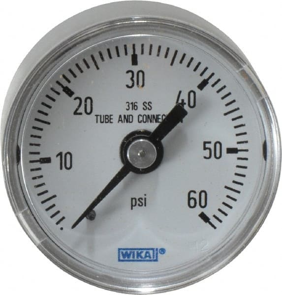 Wika 9118101 Pressure Gauge: 1-1/2" Dial, 0 to 60 psi, 1/8" Thread, NPT, Center Back Mount 