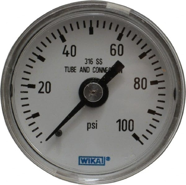 Wika 9118098 Pressure Gauge: 1-1/2" Dial, 0 to 100 psi, 1/8" Thread, NPT, Center Back Mount 