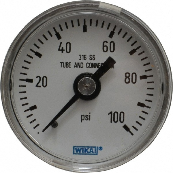 Wika 9118098 Pressure Gauge: 1-1/2" Dial, 0 to 100 psi, 1/8" Thread, NPT, Center Back Mount Image