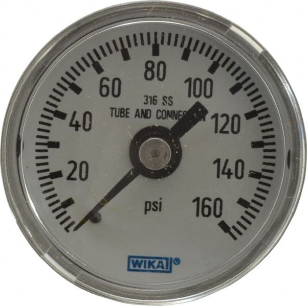 Wika 9118080 Pressure Gauge: 1-1/2" Dial, 0 to 160 psi, 1/8" Thread, NPT, Center Back Mount 
