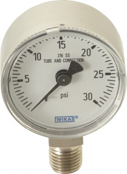 Wika 9118039 Pressure Gauge: 2" Dial, 0 to 30 psi, 1/4" Thread, NPT, Lower Mount Image