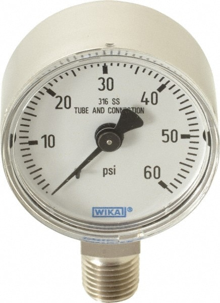 Wika 9118020 Pressure Gauge: 2" Dial, 0 to 60 psi, 1/4" Thread, NPT, Lower Mount Image