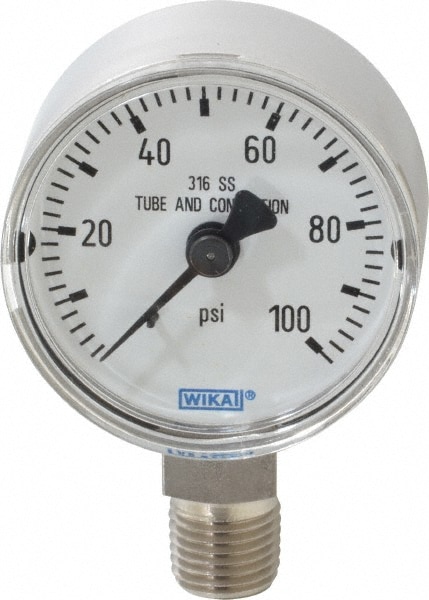 Wika 9118012 Pressure Gauge: 2" Dial, 0 to 100 psi, 1/4" Thread, NPT, Lower Mount Image