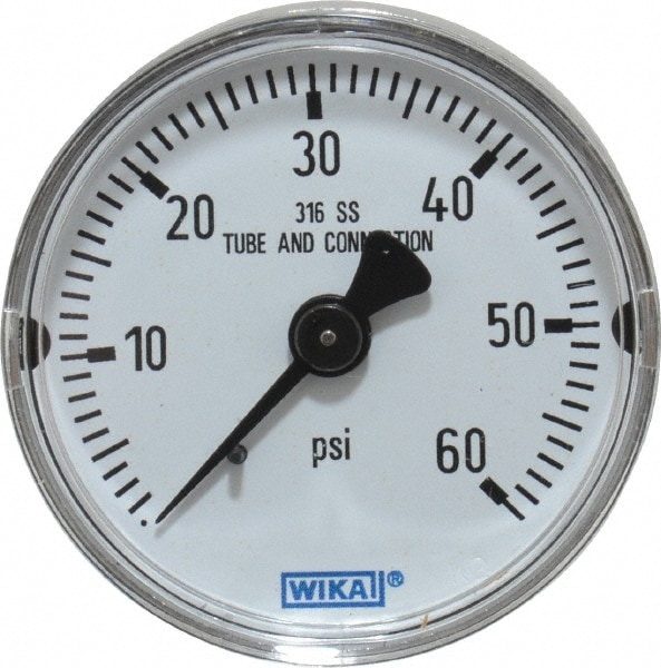 Wika 9117890 Pressure Gauge: 2" Dial, 0 to 60 psi, 1/4" Thread, NPT, Center Back Mount Image