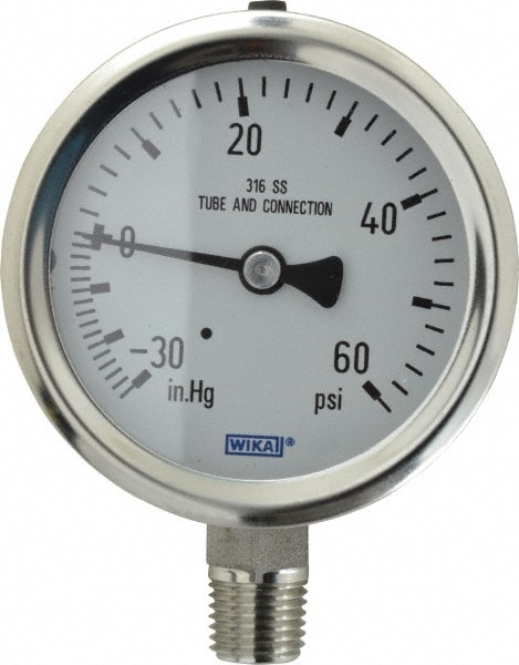 Wika 9768750 Pressure Gauge: 2-1/2" Dial, 0 to 30 psi, 1/4" Thread, NPT, Lower Mount Image