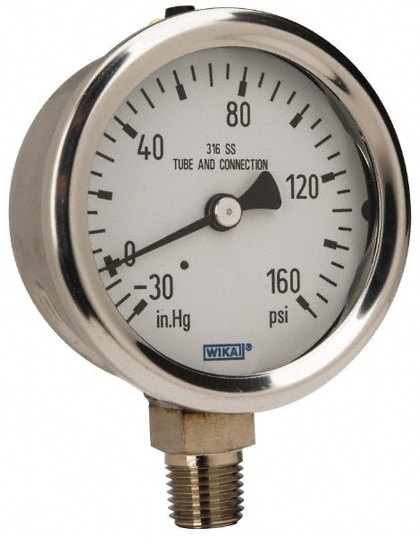 Wika 9768742 Pressure Gauge: 2-1/2" Dial, 0 to 30 psi, 1/4" Thread, NPT, Lower Mount Image