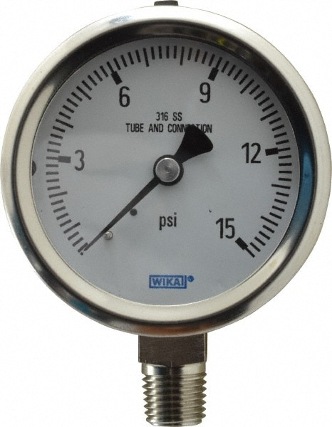 Wika 9768734 Pressure Gauge: 2-1/2" Dial, 0 to 15 psi, 1/4" Thread, NPT, Lower Mount Image