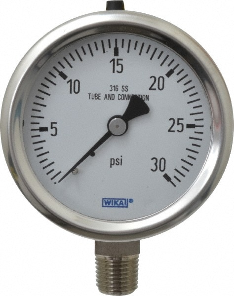 Wika 9768726 Pressure Gauge: 2-1/2" Dial, 0 to 30 psi, 1/4" Thread, NPT, Lower Mount Image