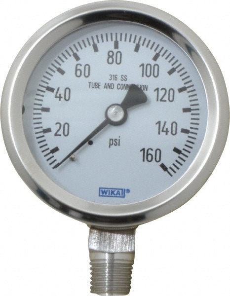 Wika 9768696 Pressure Gauge: 2-1/2" Dial, 0 to 160 psi, 1/4" Thread, NPT, Lower Mount Image