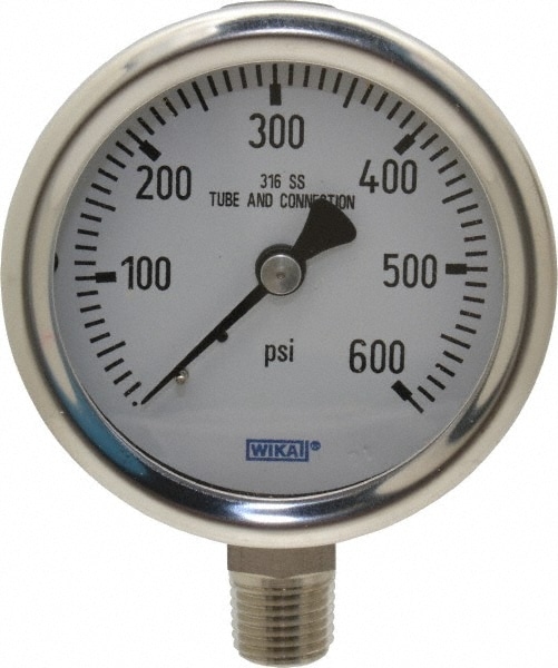 Wika 9768653 Pressure Gauge: 2-1/2" Dial, 0 to 600 psi, 1/4" Thread, NPT, Lower Mount Image