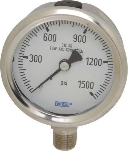 Wika 9768637 Pressure Gauge: 2-1/2" Dial, 0 to 1,500 psi, 1/4" Thread, NPT, Lower Mount Image