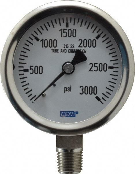 Wika 9768610 Pressure Gauge: 2-1/2" Dial, 0 to 3,000 psi, 1/4" Thread, NPT, Lower Mount Image