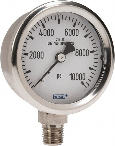 Wika 9768599 Pressure Gauge: 2-1/2" Dial, 0 to 10,000 psi, 1/4" Thread, NPT, Lower Mount Image