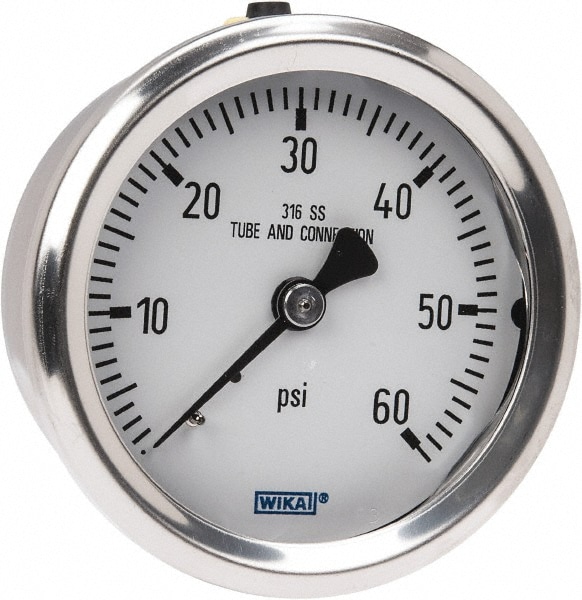 Wika 9768335 Pressure Gauge: 2-1/2" Dial, 0 to 60 psi, 1/4" Thread, NPT, Center Back Mount Image