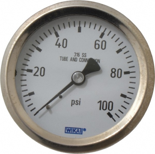 Wika 9768327 Pressure Gauge: 2-1/2" Dial, 0 to 100 psi, 1/4" Thread, NPT, Center Back Mount Image