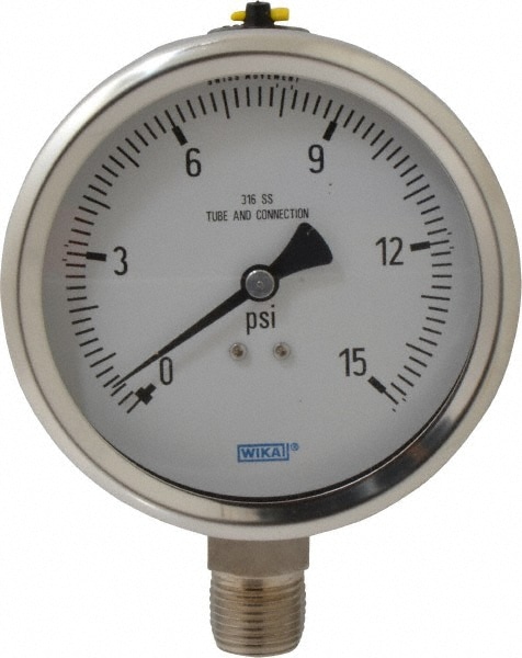 Wika 9768513 Pressure Gauge: 4" Dial, 0 to 15 psi, 1/2" Thread, NPT, Lower Mount Image