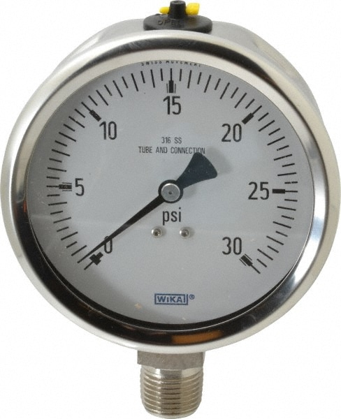 Wika 9768521 Pressure Gauge: 4" Dial, 0 to 30 psi, 1/2" Thread, NPT, Lower Mount Image