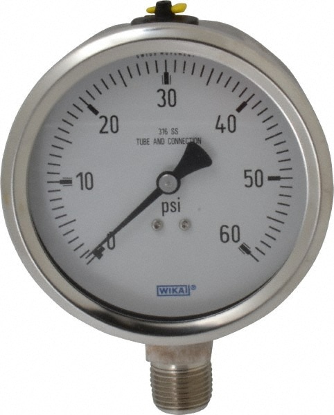 Wika 9768530 Pressure Gauge: 4" Dial, 0 to 60 psi, 1/2" Thread, NPT, Lower Mount Image